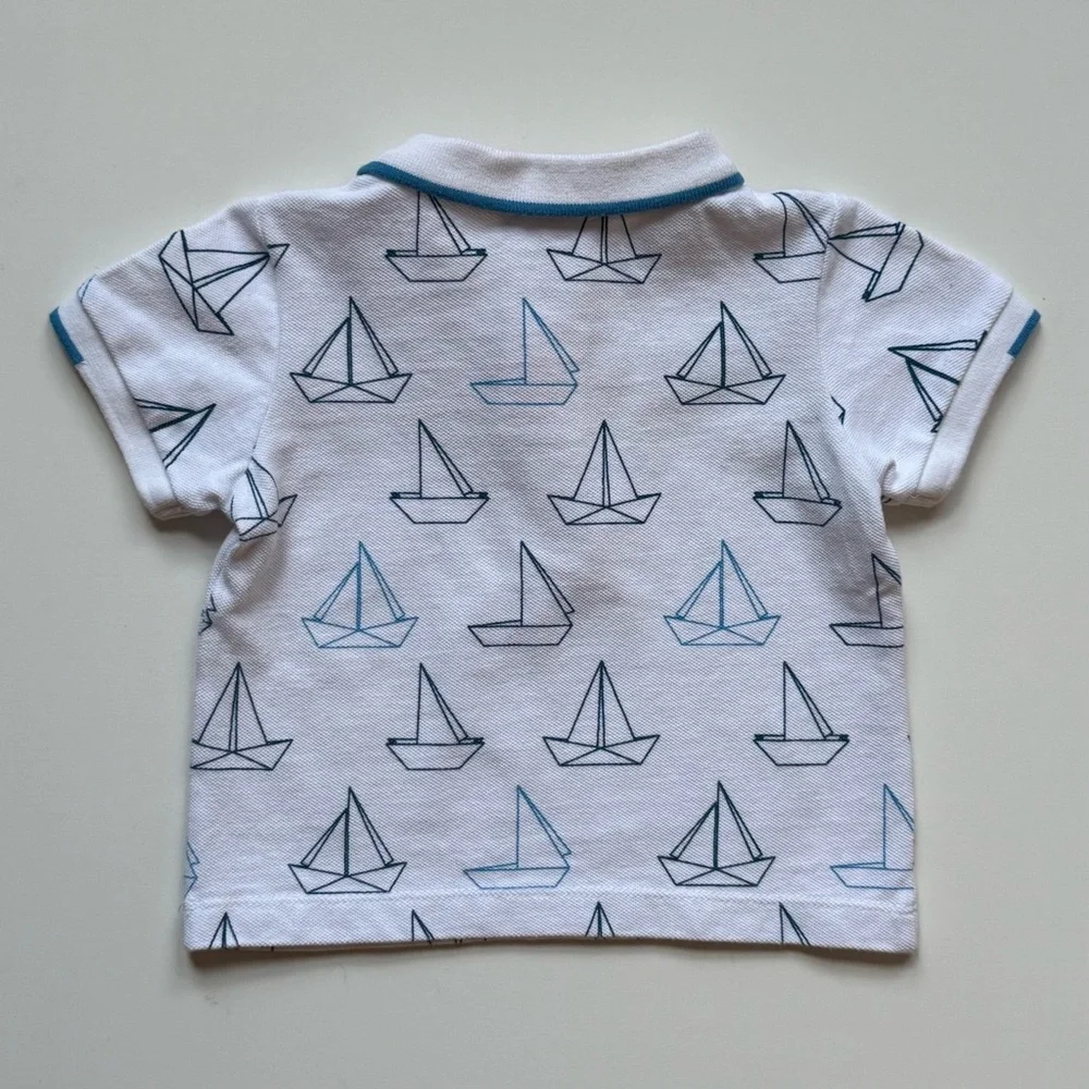 Jacadi Boys White Pique Knit Polo Shirt with Blue Sailboat Print - Size 12M